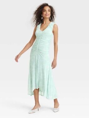 A New Day Mint Green Ruched V-Neck Midi Dress